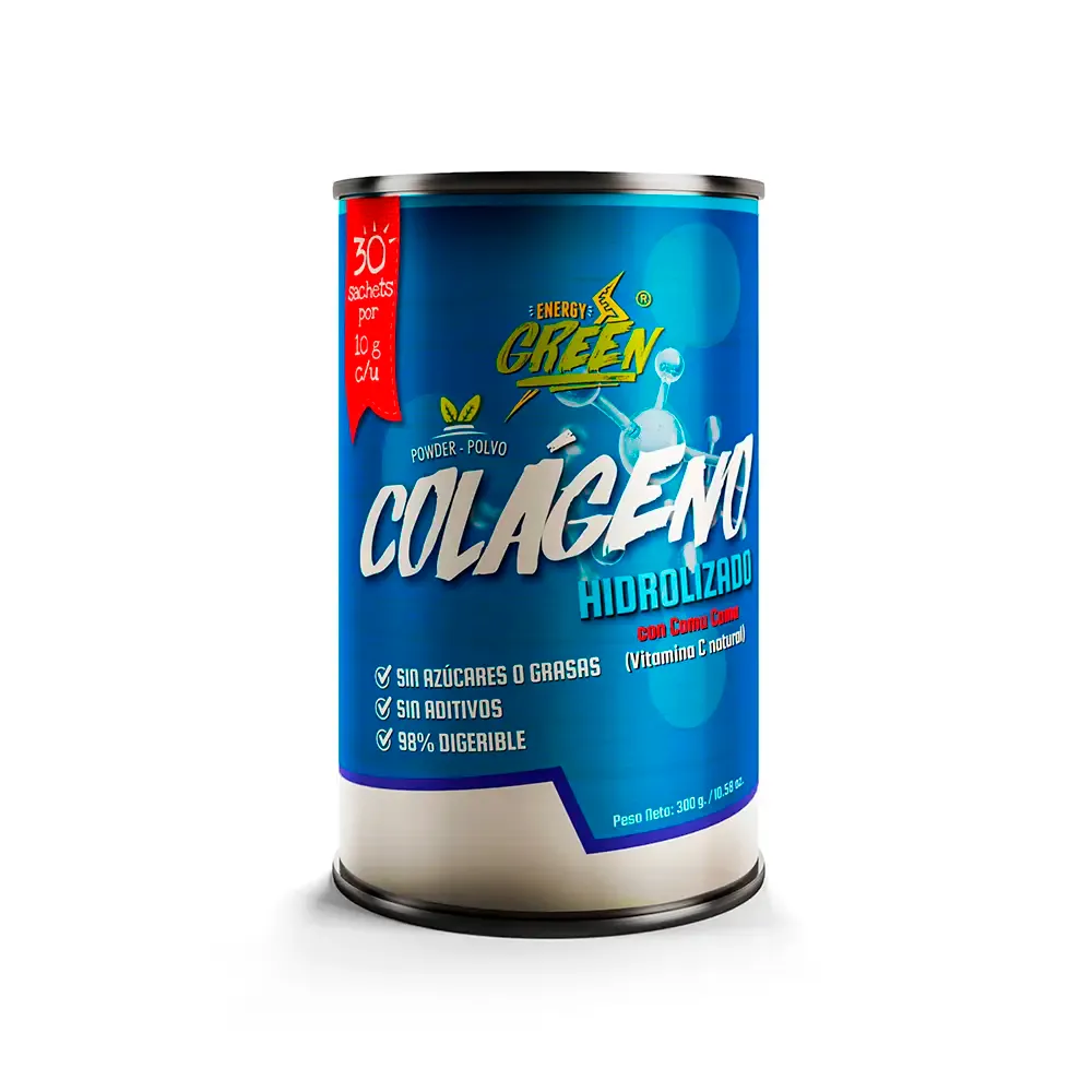 Colágeno Hidrolizado Energy Green con Camu Camu y bebida preparada