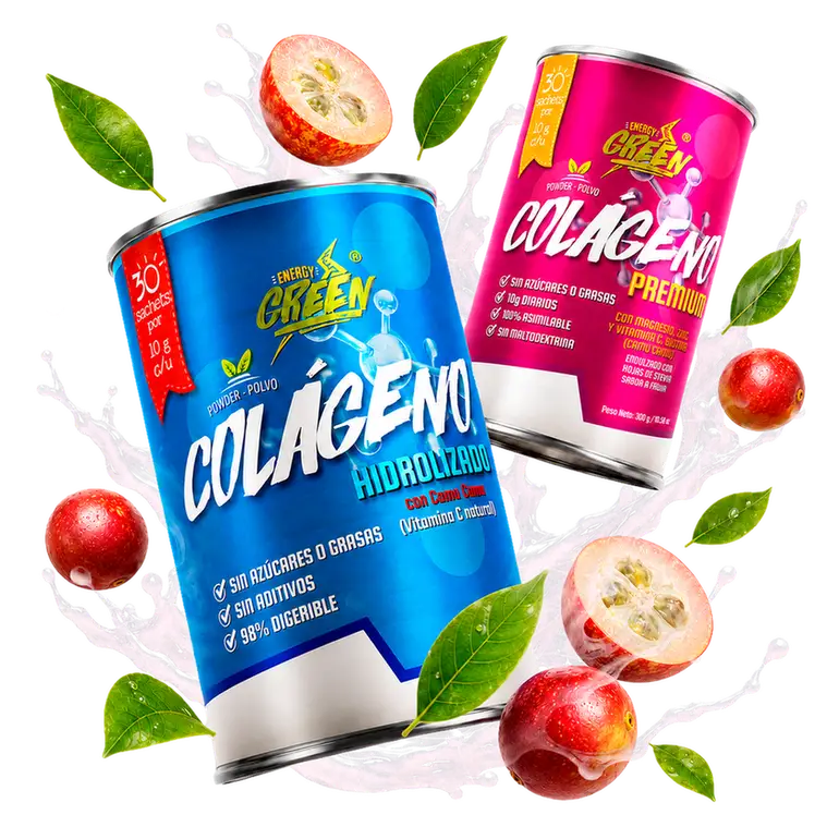 Colágeno hidrolizado Energy Green — sabor mora con camu camu y variante Premium con magnesio y zinc, ambos con péptidos Peptan de origen brasileño